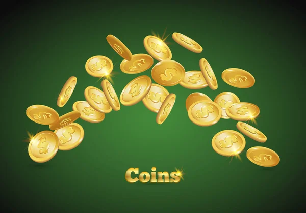 Złote monety spadają. Ikona monet z cieniami. Na zielonym tle. Realistyczne 3D wektor, eps 10 — Wektor stockowy