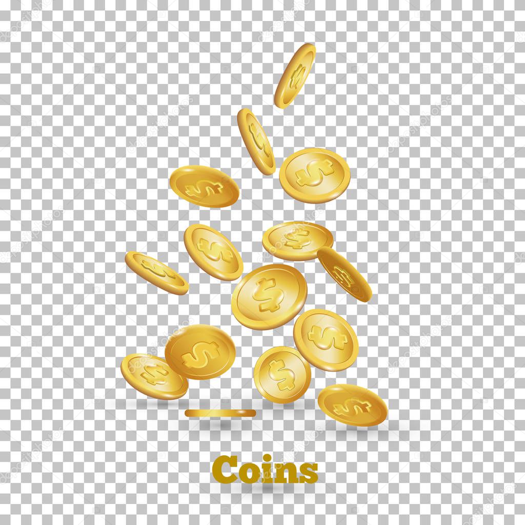 Gold coins falling down. Coin icon with shadows. Isolated on white. 3d realistic vector, eps 10