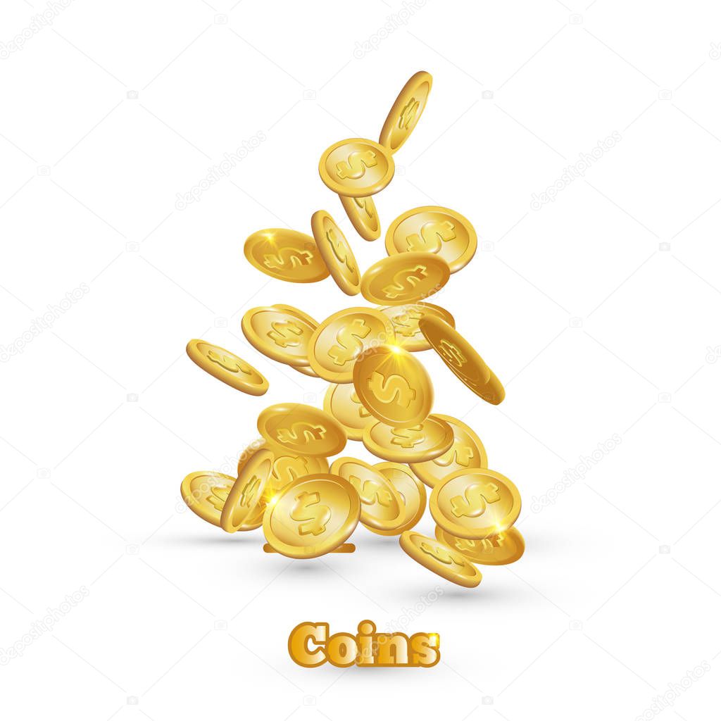 Gold coins falling down. Coin icon with shadows. Isolated on white. 3d realistic vector, eps 10