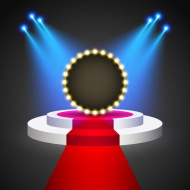 Kırmızı halı ile yuvarlak podyum. Kaide veya platform tarafından spot aydınlatılmış. Doğal ışık ile sahne. EPS 10 vektör çizim