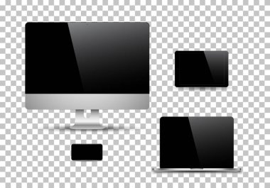 Gerçekçi bilgisayar monitörleri, dizüstü bilgisayarlar, tabletler ve cep telefonları. Elektronik aygıtlar beyaz arkaplanda izole edildi