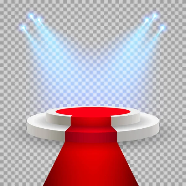 Kırmızı halı ile yuvarlak podyum. Kaide veya platform tarafından spot aydınlatılmış. Doğal ışık ile sahne. EPS 10 vektör çizim — Stok Vektör