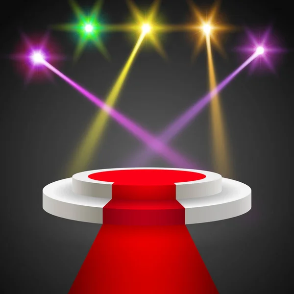 Roter Teppich mit rundem Podium. Podest oder Plattform, beleuchtet von Scheinwerfern. Bühne mit szenischen Lichtern. Folge 10 Vektor-Abbildung — Stockvektor