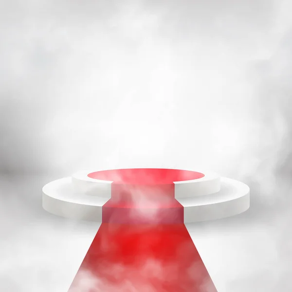 Röda mattan med runda podium. Piedestal eller plattform, upplyst av strålkastare. Scenen med vackra lampor. EPS-10 vektorillustration — Stock vektor