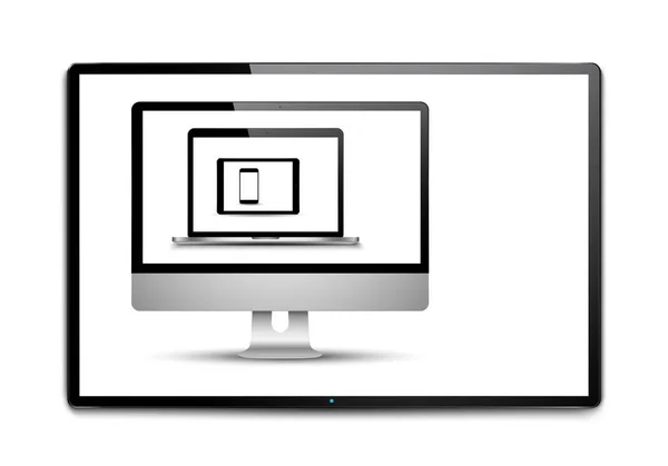 一套现实的计算机显示器、手提电脑、平板电脑和移动电话。白色背景下隔离的电子产品 — 图库矢量图片
