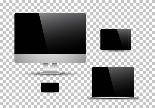 En uppsättning realistiska datorskärmar, bärbara datorer, surfplattor och mobiltelefoner. Elektroniska prylar isolerade på vit bakgrund — Stock vektor