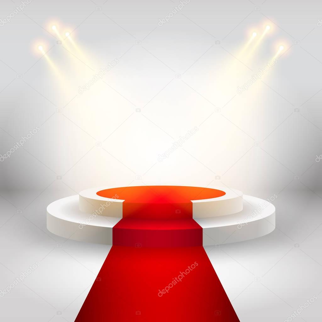 Red carpet with round podium. Pedestal or platform, illuminated by spotlights. Stage with scenic lights. EPS 10 vector illustration