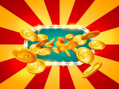 Jackpot afiş. Altın uçuş. Sikke simge gölgeler. 3D gerçekçi vektör, Eps 10