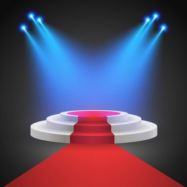 Kırmızı halı ile yuvarlak podyum. Kaide veya platform tarafından spot aydınlatılmış. Doğal ışık ile sahne. EPS 10 vektör çizim