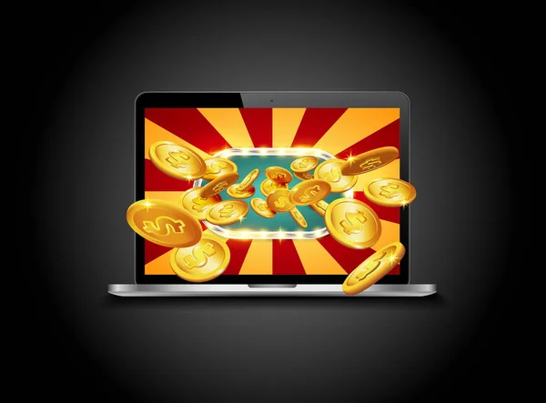 Яркий ретро баннер для онлайн казино, покера, рулетки или слоты. Монеты падают с ноутбука. Большой джекпот. Вы - победитель — стоковый вектор