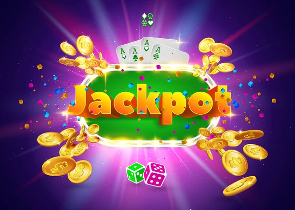 Слово Jackpot, окруженное яркой рамкой и атрибутами азартных игр, на зеленом фоне. Новый, лучший дизайн знамени удачи для азартных игр, казино, покера, слота, рулетки или кости . — стоковый вектор