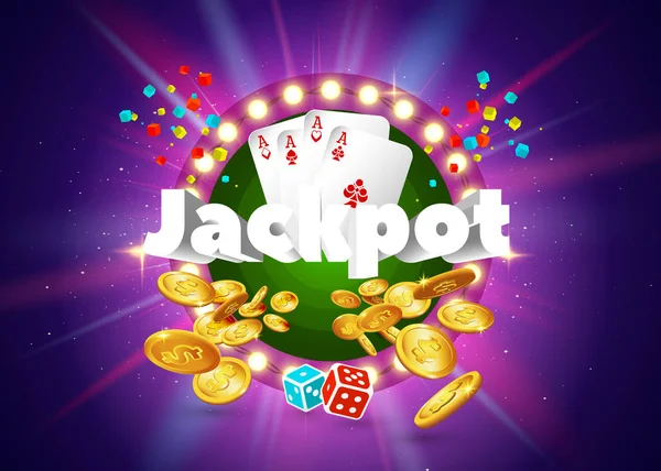 La parola Jackpot, circondata da una cornice luminosa e attributi del gioco d'azzardo, su uno sfondo verde. Il nuovo, miglior design del banner fortuna, per il gioco d'azzardo, casinò, poker, slot, roulette o osso . — Vettoriale Stock