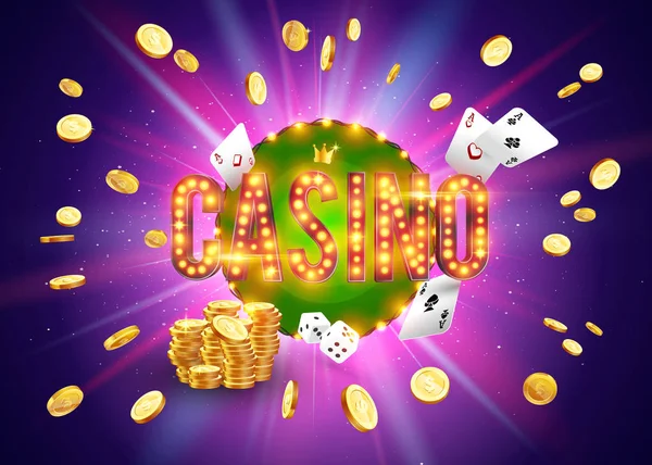 A palavra Casino, rodeado por um quadro luminoso e atributos de jogo, sobre um fundo explosão. O novo e melhor design do banner da sorte, para jogos de azar, cassino, pôquer, slot, roleta ou osso . —  Vetores de Stock