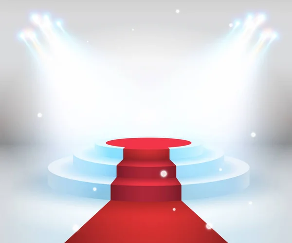 Tapete vermelho com pódio redondo. Pedestal ou plataforma, iluminado por holofotes. Palco com luzes cênicas. EPS 10 ilustração vetorial —  Vetores de Stock