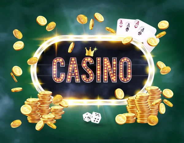 The word Casino, surrounded by a luminous frame and attributes of gambling, on a green background. The new, best design of the luck banner, for gambling, casino, poker, slot, roulette or bone. — Stock Vector