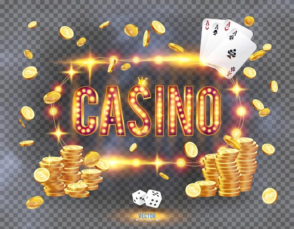 La palabra Casino, rodeada de una explosión luminosa, sobre un fondo transparente. El nuevo, mejor diseño de la bandera de la suerte, para juegos de azar, casino, póquer, ranura, ruleta o hueso . — Vector de stock