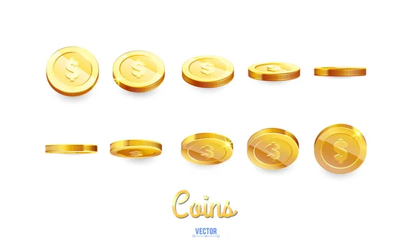 Um conjunto de moedas de ouro. Dez moedas realistas de diferentes ângulos de vista. Isolado em branco. Para o seu design de casino online — Vetor de Stock