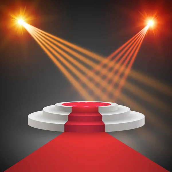 Red carpet with round podium. Pedestal or platform, illuminated by spotlights. Stage with scenic lights. EPS 10 vector illustration — Stock Vector