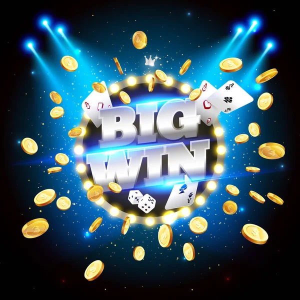 Le mot Big Win, entouré d'un cadre lumineux et d'attributs de jeu, sur fond d'explosion. La nouvelle, meilleure conception de la bannière porte-bonheur, pour les jeux d'argent, casino, poker, machine à sous, roulette ou os . — Image vectorielle