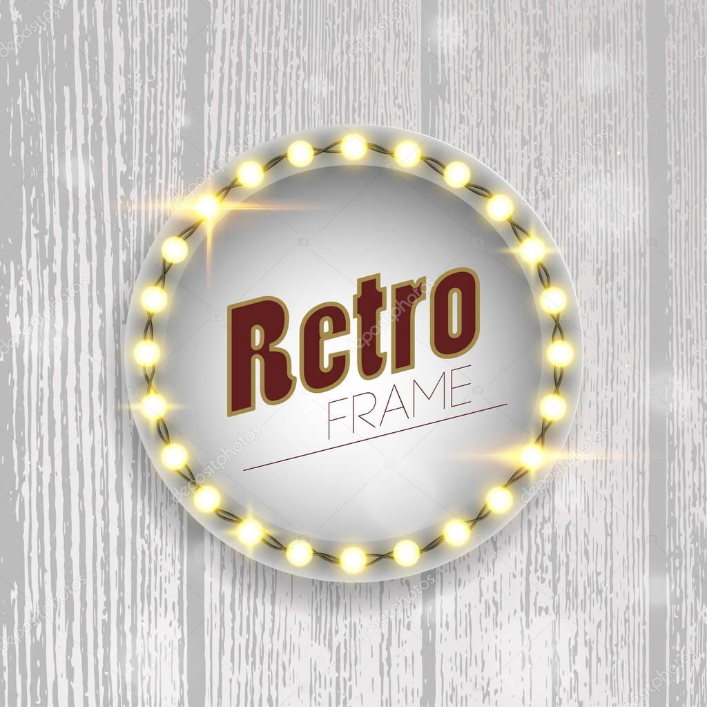 Glowing lights retro frame for advertising design. Special light effects. Vintage stage lights backdrop. Vector Background show. Illuminated round realistic banner. 3D