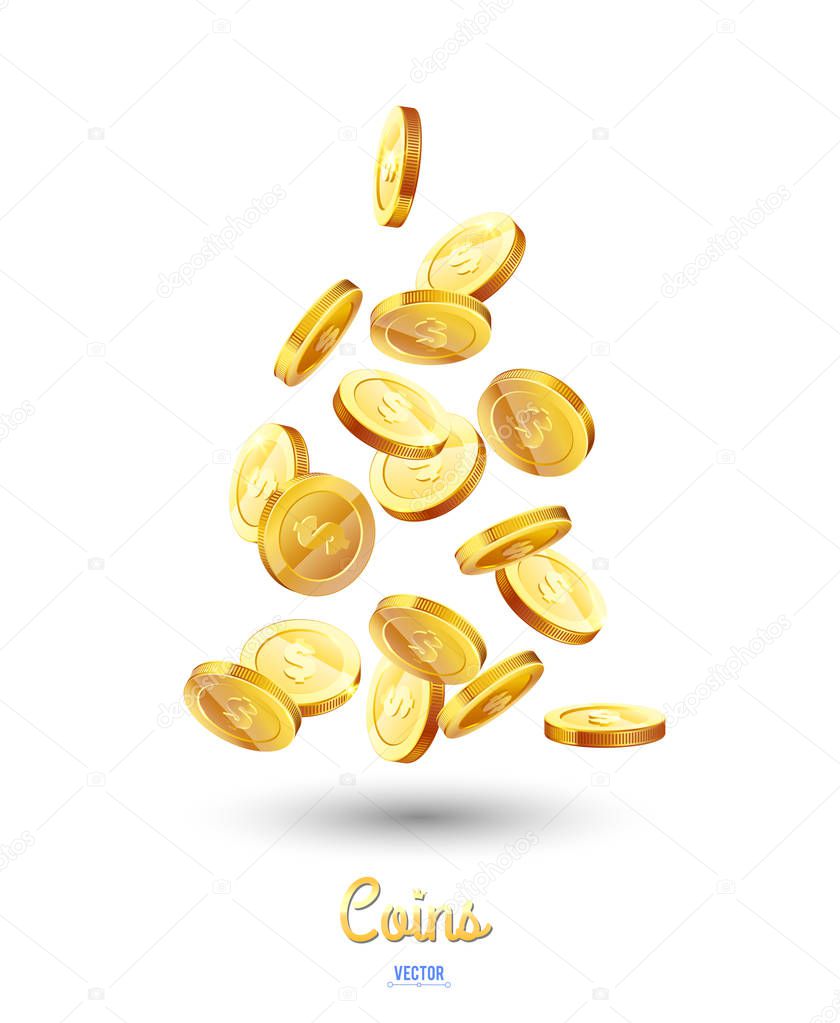 Realistic Gold coins falling down. Isolated on white background.