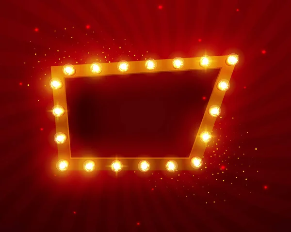 Glowing lights retro frame for advertising design. Special light effects. Vintage stage lights backdrop. Vector Background show. Illuminated round realistic banner. 3D — Stock Vector