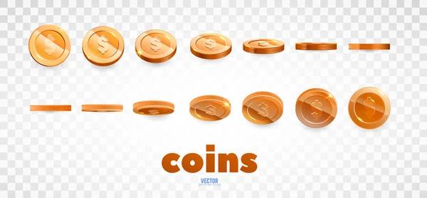 Um conjunto de moedas de bronze. Dez moedas realistas de diferentes ângulos de vista. Isolado em branco. Para o seu design de casino online — Vetor de Stock