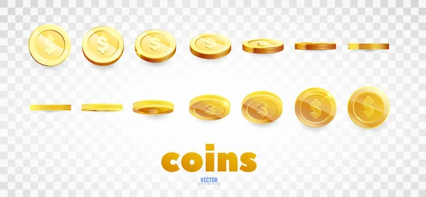 Μια σειρά από χρυσά νομίσματα. Ρεαλιστική δέκα νομίσματα από διαφορετικές οπτικές γωνίες προβολής. Απομονωμένα σε λευκό. Για το σχέδιό σας σε απευθείας σύνδεση χαρτοπαικτική λέσχη — Διανυσματικό Αρχείο