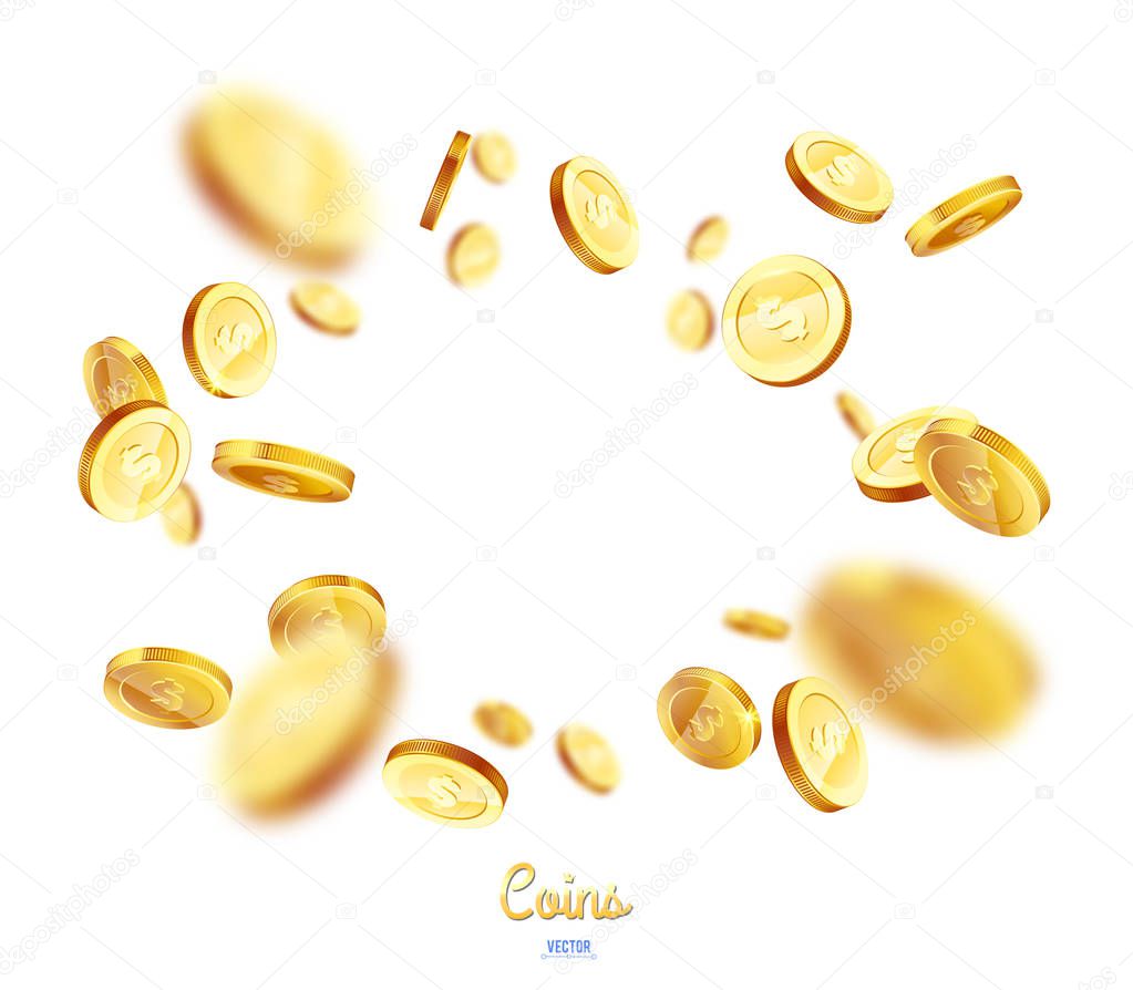 Realistic Gold coins explosion. Isolated on white background.