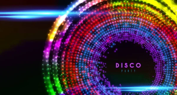 Disco party wektor banner świecące kolorowe reflektory tło — Wektor stockowy