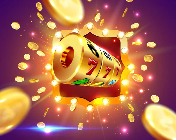 Golden Slot Machine Gana Jackpot 777 Fondo Una Explosión Monedas — Archivo Imágenes Vectoriales