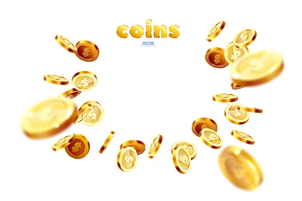 Realistische gouden munten explosie. Geïsoleerd op witte achtergrond. — Stockvector