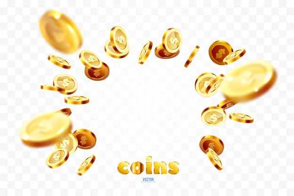 Esplosione realistica di monete d'oro. Isolato su sfondo trasparente. — Vettoriale Stock