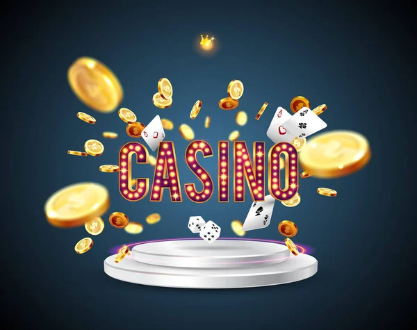 La palabra Casino, rodeado por un marco luminoso y atributos de juego, sobre un fondo de explosión . — Archivo Imágenes Vectoriales