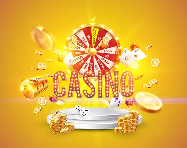 La palabra Casino, rodeado por un marco luminoso y atributos de juego, sobre un fondo de explosión . — Vector de stock