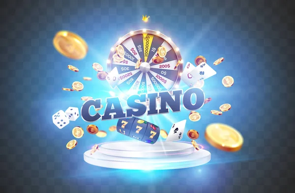 A palavra Casino, rodeado por um quadro luminoso e atributos de jogo, sobre um fundo explosão . —  Vetores de Stock
