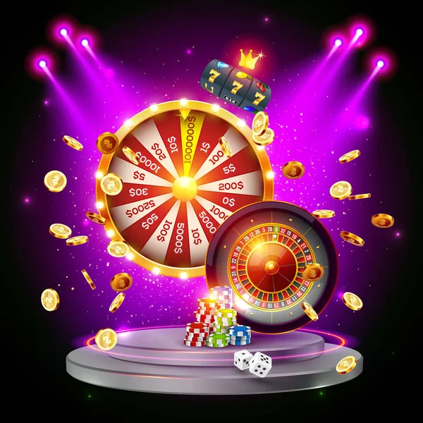 The Wheel of fortune, roulette, slot machine, illuminated by searchlights, on the podium surrounded by flying coins and playing chips. — Stock Vector