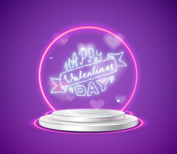 Calligraphic neon inscription happy valentines day, on the podium, surrounded by a retro neon frame on a curtain background. — Stock Vector