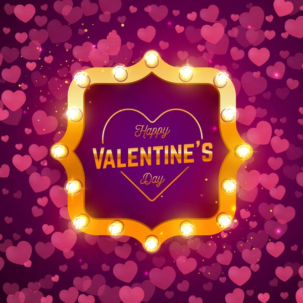 Vector holiday illustration. Happy Valentine's Day greeting lettering. Retro frame with light bulbs. Valentine's Day background. — Stock Vector
