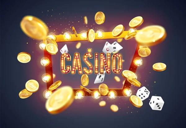 Ordet Casino, omgiven av en lysande ram och attribut för hasardspel, på en explosion bakgrund. Nya, bästa utformningen av lycka bannern, för hasardspel, casino, poker, slot, roulette eller ben. Vektorgrafik