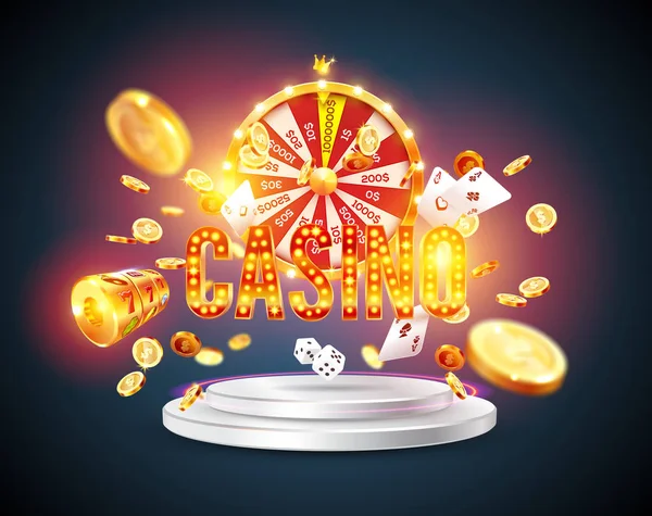 Ordet Casino, omgiven av en lysande ram och attribut av spel, på en explosion bakgrund. Stockvektor
