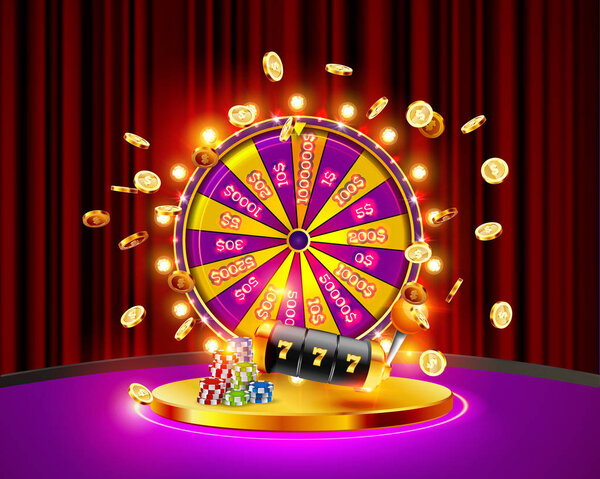 The Wheel of fortune, roulette, slot machine, illuminated by searchlights, on the podium surrounded by flying coins and playing chips.