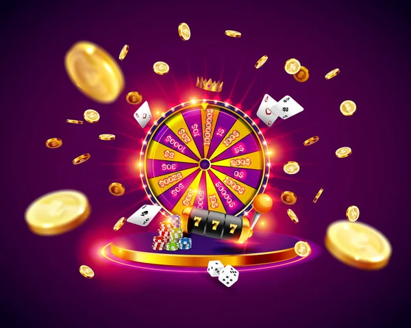 The Wheel of fortune, roulette, slot machine, illuminated by searchlights, on the podium surrounded by flying coins and playing chips. — Stock Vector