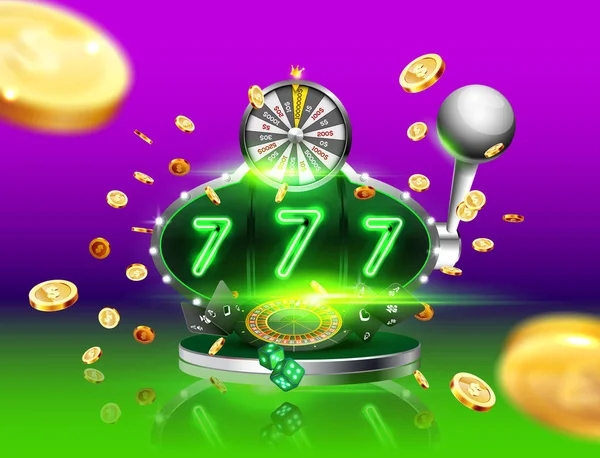 Golden spelmaskin vinner jackpotten 777 på en explosion bakgrund. — Stock vektor