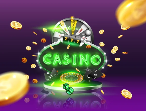 La palabra Casino, rodeado por un marco luminoso y atributos de juego, sobre un fondo de explosión . — Archivo Imágenes Vectoriales