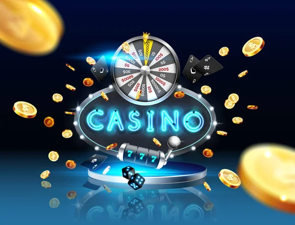 La palabra Casino, rodeado por un marco luminoso y atributos de juego, sobre un fondo de explosión . — Vector de stock