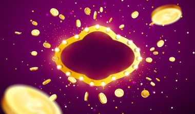 Retro çerçevedeki altın sikke patlamasının vektör çizimi. Göz kamaştırıcı lambaları olan eski bir çerçeve. Kumarhane için arka plan.