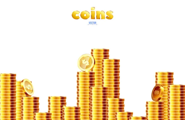 Ρεαλιστική Διανυσματική Απεικόνιση Στοίβες Από Χρυσά Νομίσματα Λευκό Φόντο Επιχειρησιακό — Διανυσματικό Αρχείο