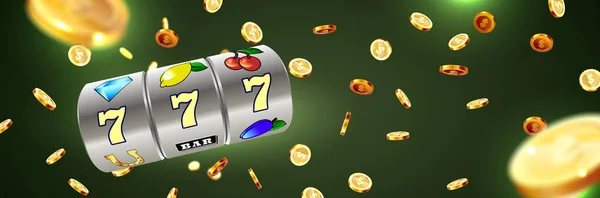 Zlatý Hrací Automat Vyhrává Jackpot 777 Pozadí Exploze Mincí Retro — Stockový vektor