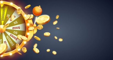 Altın sikkelerin patlamasıyla ilgili vektör çizimi. Gerçekçi 3D şanslı rulet.